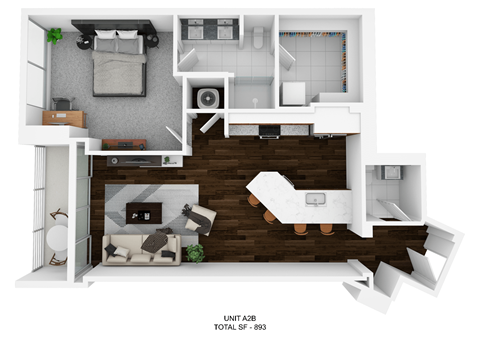 Floor plan for 1 bed, 1.5 baths, 893 sqft